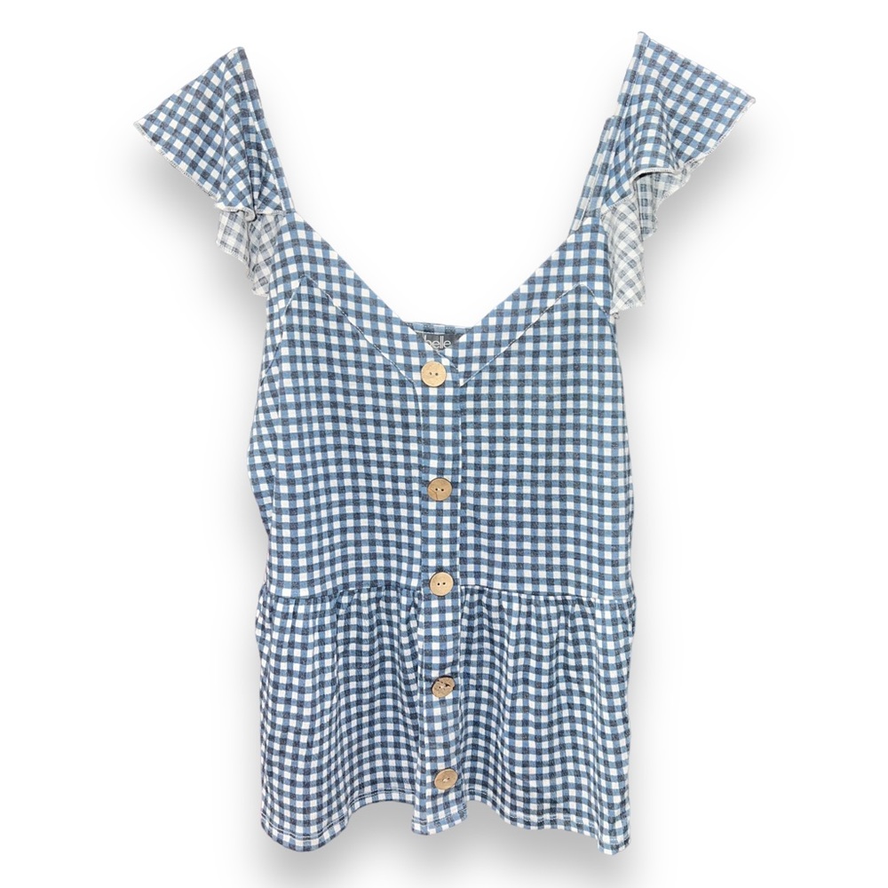 NEW Belle by Belledini White/Blue Checkered Gingham Ruffle Sleeve Tank Top Sz S